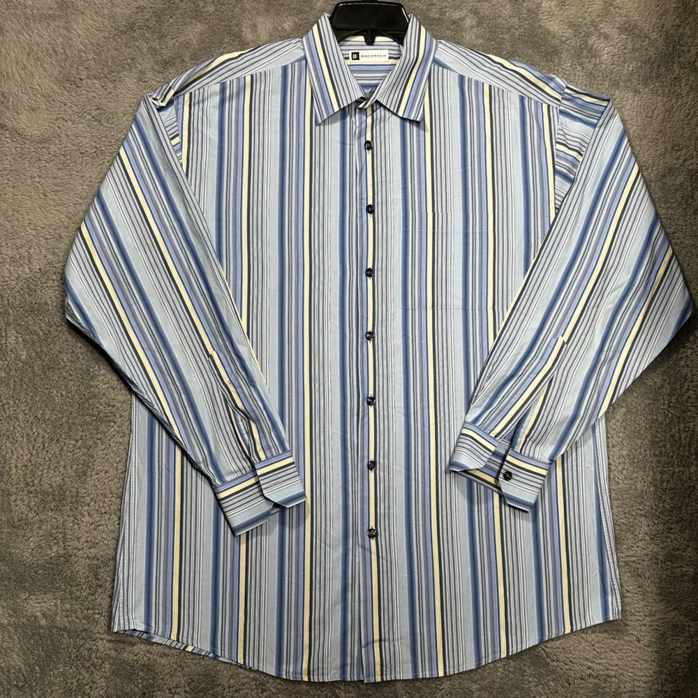 Bachrach Button Down Shirt Mens XL Blue Yellow Vertical Stripe Long SleeveCotton